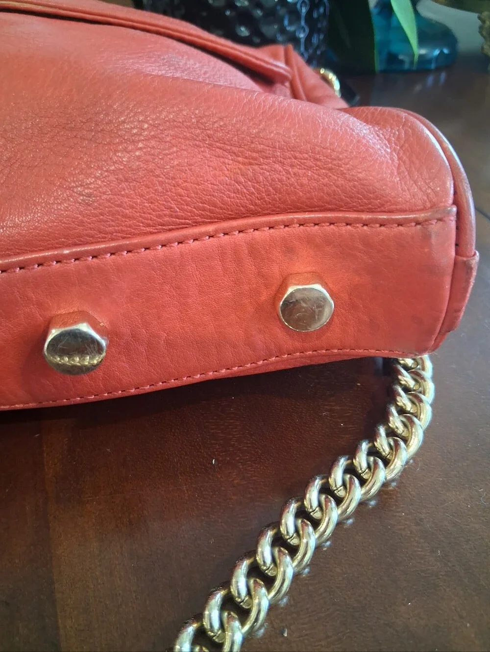 Rebecca Minkoff Coral-Red Leather Crossbody with Gold Chain
